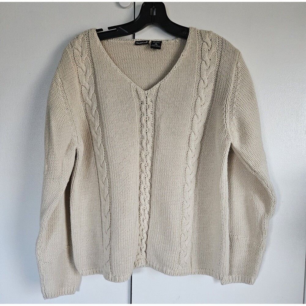 NorthCrest Women XL Cable Knit Sweater Cream V-Neck Cotton Ramie Pullover